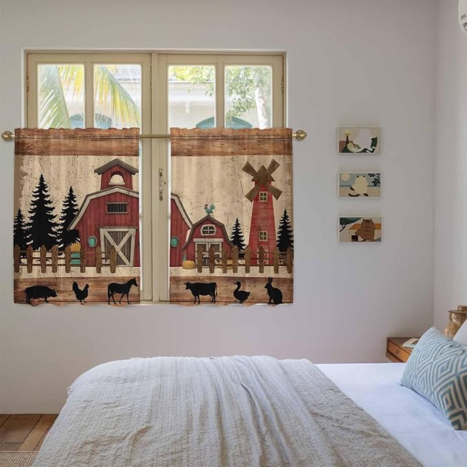 Brown Farmhouse Kitchen Curtains, Vintage Country Animals Wooden Grain Light Filtering Window Curtain Panels, 2Pcs Rod Pocket Window Treatments Set for Cabin Bathroom Bedroom 52x45 Inches