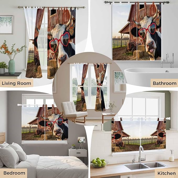 Farm Cows Kitchen Curtains 36 Inch Length, Small Window Curtains Tab Top, Farmhouse Barn Funny Animals Butterfly Light Filtering Short Window Treatments Tier Drapes 27.5"x36" 2 Panel
