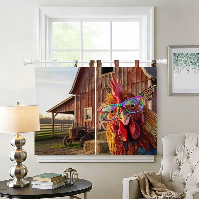 Farm Rooster Bedroom Curtains 63 Inch Length, Window Curtains Tab Top, Farmhouse Barn Funny Animals Butterfly Light Filtering Window Treatments Drapes 42"x63" 2 Panel