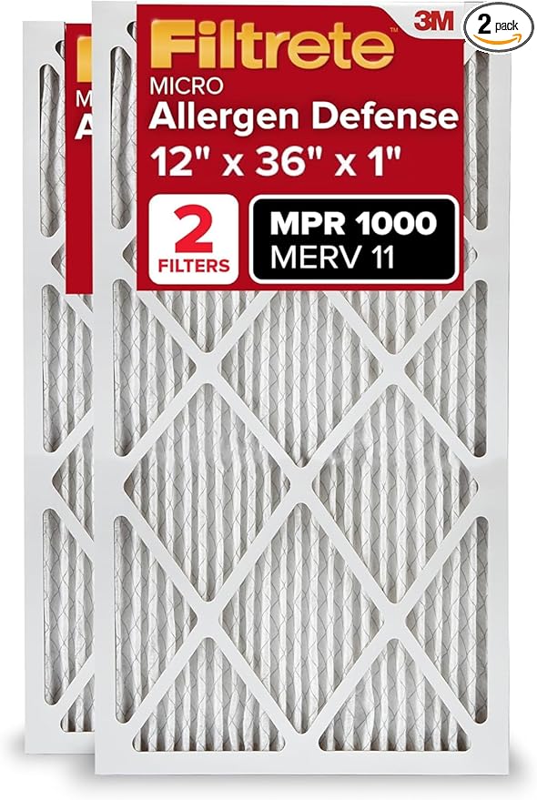 Filtrete 12x36x1 AC Furnace Air Filter, MERV 11, MPR 1000, Micro Allergen Defense, 3-Month Pleated 1-Inch Electrostatic Air Cleaning Filter, 2 Pack (Actual Size 11.69 x 35.69 x 0.81 in)