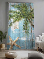Sheer Curtains 96 Inches Long, Coastal Beach Blue Semi Sheer Curtains Light Filtering Window Treatment, Tropical Coconut Tree Vintage Wood Grain Privacy Voile Drapes for Living Room Bedroom 52x96 Inch