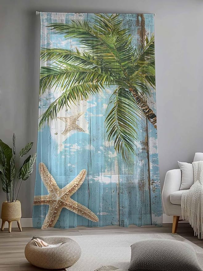 Sheer Curtains 108 Inches Long, Coastal Beach Blue Semi Sheer Curtains Light Filtering Window Treatment, Tropical Coconut Tree Vintage Wood Grain Privacy Voile Drapes for Living Room 52x108 Inch