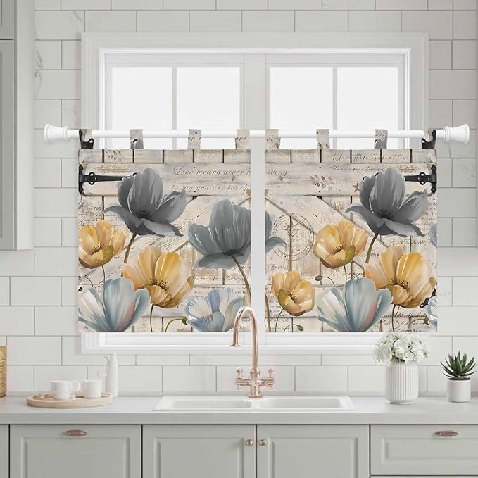 Spring Tulips Flower Kitchen Curtains 36 Inch Length, Small Window Curtains Tab Top, Vintage Floral Barn Doors Rustic Beige Light Filtering Short Window Treatments Tier Drapes 27.5"x36" 2 Panel