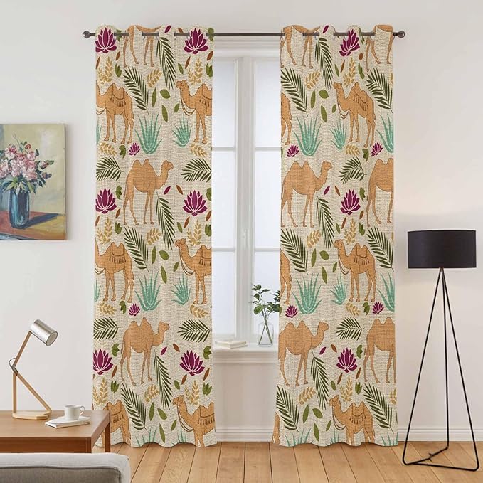 2 Panel Kitchen Cafe Curtains, Desert Camels Sunlight Filtering Nature Air Through, Home Decor Window Covering Tier Curtains for Living Room 104W x 90L inch Vintage Sand Animals Aloe Vera Leaves Beige