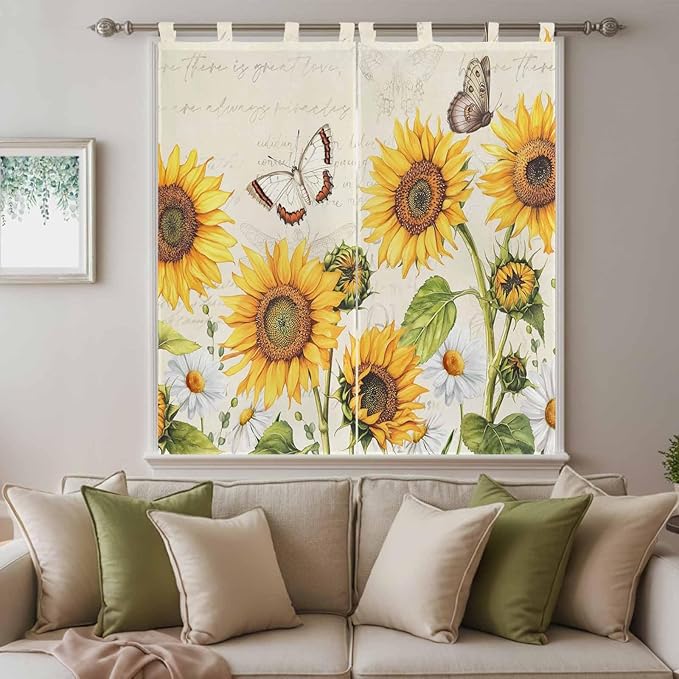 Farm Sunflowers Living Room Curtains 84 Inch Length, Window Curtains Tab Top, Retro Flowers Butterfly Botanical Beige Light Filtering Window Treatments Drapes 42"x84" 2 Panel