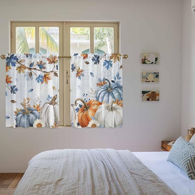 Fall Blue Maple Kitchen Tier Curtains 45 Inch Long 2 Panel Set,Rod Pocket Short Window Treatment,Thanksgiving Pumpkins Daisy Country Leaves Curtains & Drapes for Bathroom Basement 27.5"W x 45"L