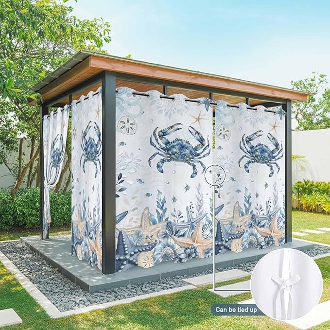 Oceans Outdoor Curtains for Patio Crabs Marine Life Shell Starfish Blue Waterproof Outside Curtains with Grommet Top Weatherproof Curtain for Cabana Pergola Gazebo, 1 Panel, 54" W x 108" L