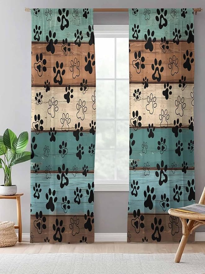 Sheer Curtains 84 Inches Long, Green Brown Paw Print Semi Sheer Curtains Light Filtering Window Treatment, Vintage Farmhouse Country Wooden Grain Privacy Voile Drapes for Living Room 52x84 Inch
