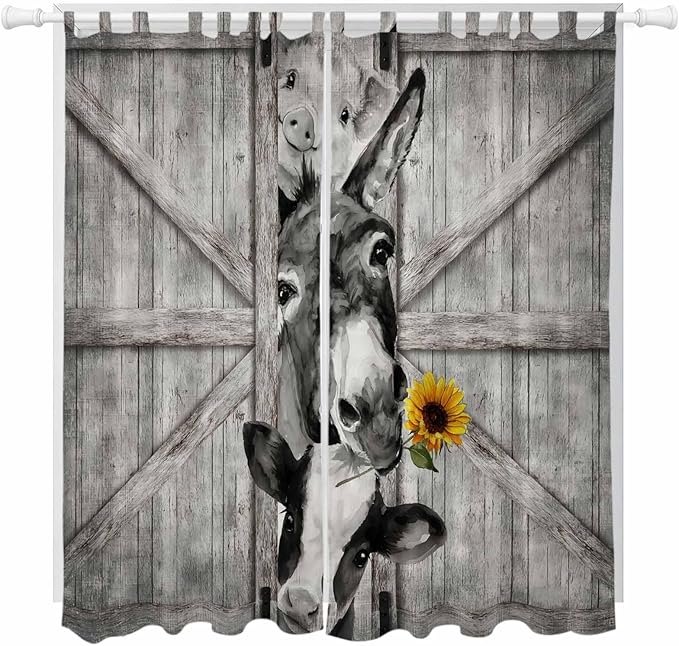 Funny Farm Animals Living Room Curtains 96 Inch Length, Window Curtains Tab Top, Vintage Barn Grey Sunflowers Light Filtering Window Treatments Drapes 52"x96" 2 Panel