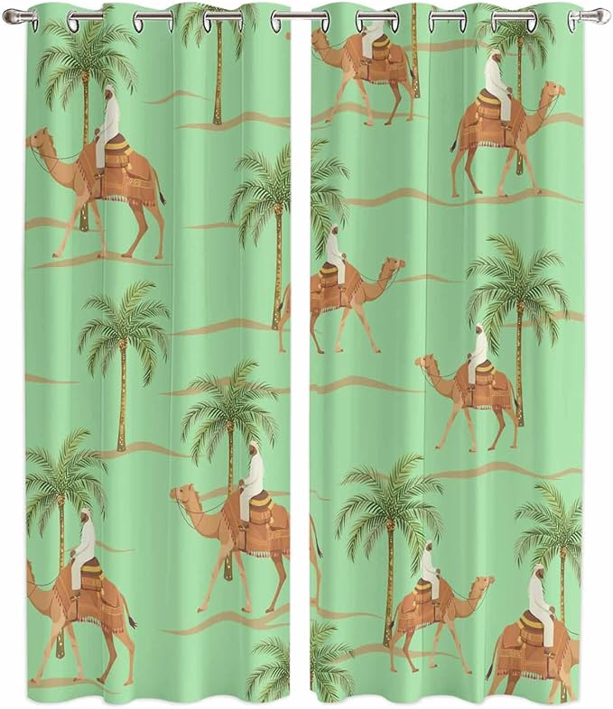 2 Panel Kitchen Cafe Curtains, Desert Camels Sunlight Filtering Nature Air Through, Home Decor Window Covering Tier Curtains for Living Room 80W x 84L inch Tropical Date Palm Trees Animal Green