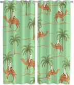 2 Panel Kitchen Cafe Curtains, Desert Camels Sunlight Filtering Nature Air Through, Home Decor Window Covering Tier Curtains for Living Room 80W x 84L inch Tropical Date Palm Trees Animal Green