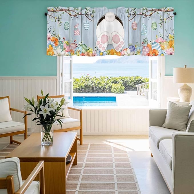 Easter Curtain Valances for Windows, Kitchen Valance Window Treatment, Spring Watercolor Bunny Eggs Flower Wood Grain Blue Light Filtering Block Curtains for Bathroom/Bedroom/Living Room 60'' x 18''