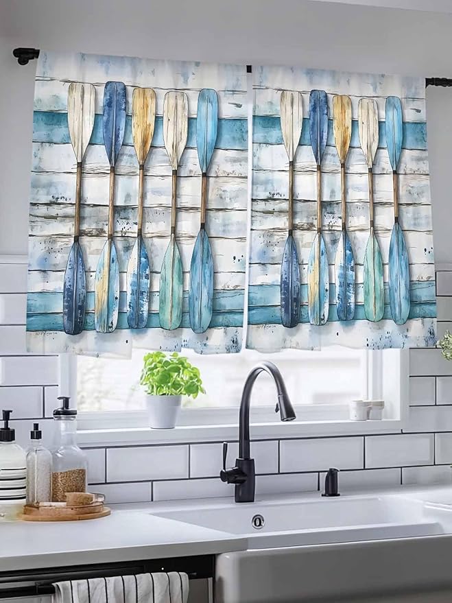 Sheer Curtains 45 Inch Length, Lake Paddle Striped Semi Sheer Curtains Light Filtering Window Treatment, Watercolor Vintage Wood Grain Privacy Voile Drapes for Living Room Bedroom 52x45 Inch