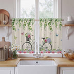 Farmhouse Spring Tier Curtains, Retro Bicycles Flowers Vines Butterfly Light Filtering Kitchen Curtains, 2Pcs Rod Pocket Half Window Treatments Panels for Sink Cafe Cabinet Basement 27.5x45 Inches