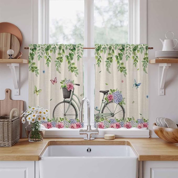 Farmhouse Spring Kitchen Curtains, Retro Bicycles Flowers Vines Butterfly Light Filtering Window Curtain Panels, 2Pcs Rod Pocket Window Treatments Set for Study Room Bathroom Bedroom 52x54 Inches