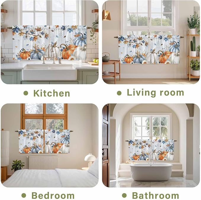 Fall Blue Maple Kitchen Tier Curtains 24 Inch Long 2 Panel Set,Rod Pocket Cafe Small Window Curtains Over Sink,Thanksgiving Pumpkins Daisy Country Leaves Short Drapes for Bathroom 27.5"W x 24"L