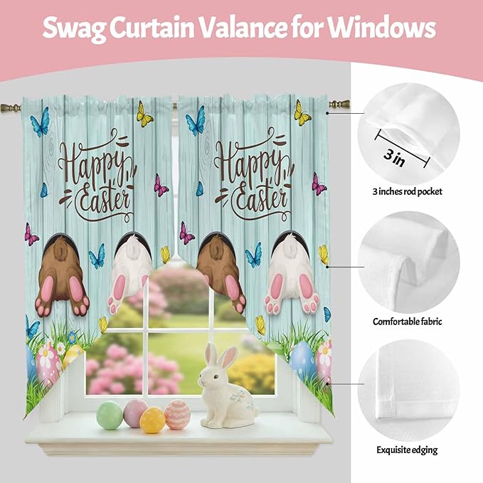 Swag Curtain Valances for Kitchen Windows,Happy Easter Bunny Butt Egg Floral Short Rod Pocket Window Valance,Spring Plant on Aqua Wood Swag Topper for Bedroom Living Room,2 Panels 36x45in