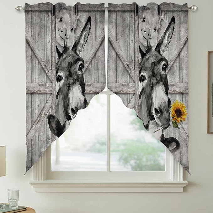 Funny Farm Animals Swag Valances for Windows, Vintage Barn Grey Sunflowers Rod Pocket Kitchen Curtains Valance, Small Window Curtains Swag for Cafe Bathroom Living Room, 2 Panels, 36x36 inch