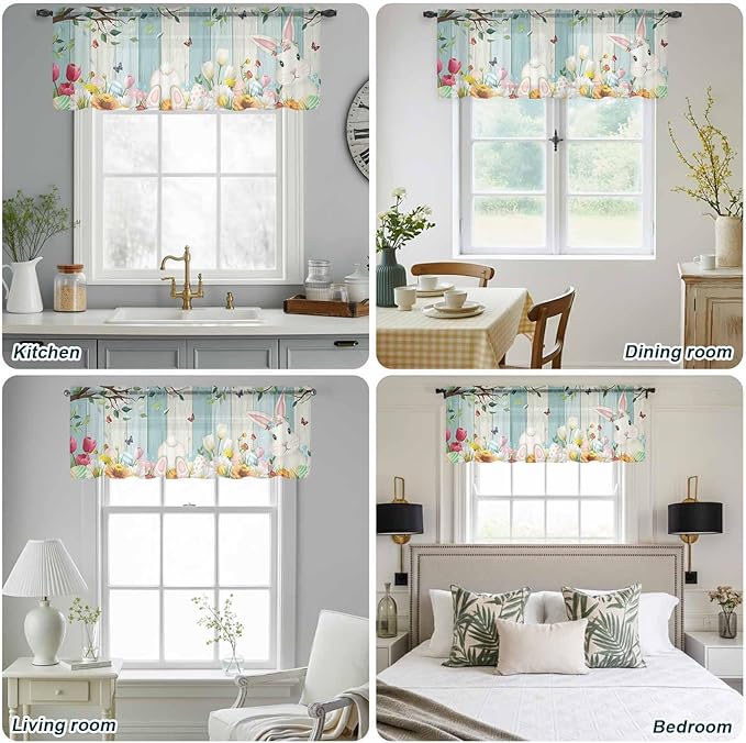 Easter Sheer Valances for Windows 54"x18", Light Filtering Kitchen Curtains Valance, Spring Watercolor Bunny Eggs Tulip Wooden Grain Rod Pocket Chiffon Curtains for Living Room Bedroom Cafe