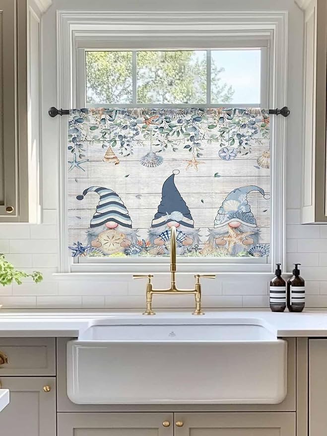 Sheer Curtains 54 Inch Length, Coastal Eucalyptus Leaf Semi Sheer Curtains Light Filtering Window Treatment, Ocean Blue Gnomes Starfish Wood Grain Privacy Voile Drapes for Living Room 52x54 Inch