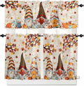 Fall Gnomes Kitchen Curtain Set, Thanksgiving Maple Leaf Rustic Pumpkin Window Valance and Tiers 24" Length, Light Filtering Short Curtains Valance for Cafe Bathroom Bedroom 54"x18"