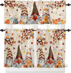 Fall Gnomes Kitchen Curtain Set, Thanksgiving Maple Leaf Rustic Pumpkin Window Valance and Tiers 36" Length, Light Filtering Short Curtains Valance for Cafe Bathroom Bedroom 54"x18"