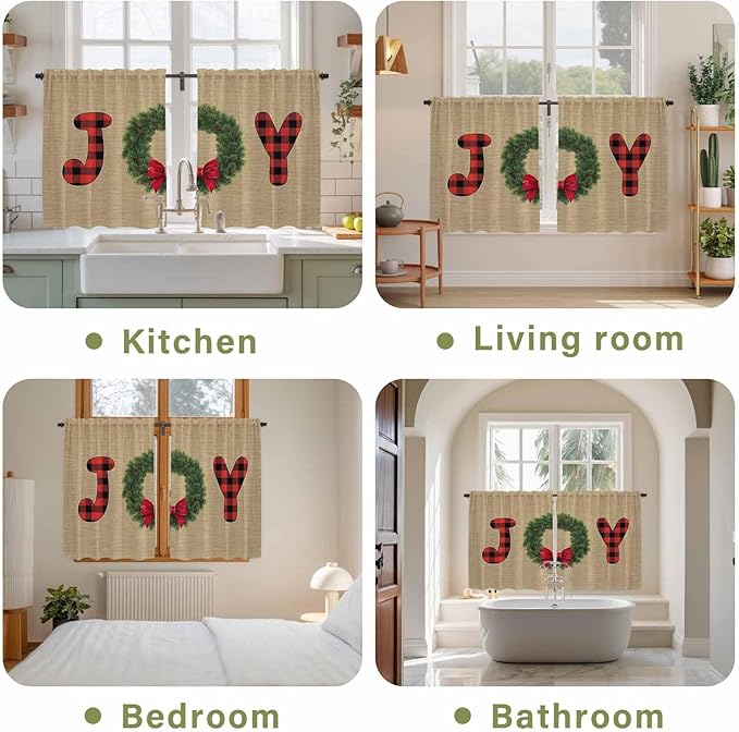 Red Green Christmas Kitchen Curtains 45 Inch Long 2 Panel Set, Rod Pocket Window Treatment, Xmas Botanical Winter Farmhouse Light Filtering Panels Short Drapes for Bathroom Camper 42"W x 45"L