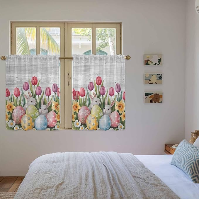 Easter Kitchen Curtains 54 Inch Long 2 Panel Set, Rod Pocket Window Curtains Panels, Retro Spring Bunny Eggs Tulip Farm Wooden Grain Light Filtering Privacy Draperies for Bedroom Laundry 42"W x 54"L