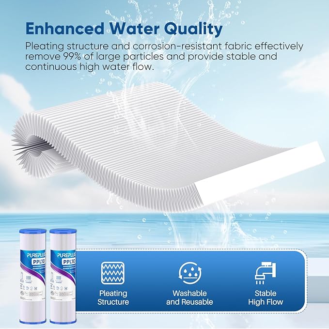PUREPLUS 5 Micron 10"x2.5" Whole House Pleated Sediment Filter for Well Water, Replacement Cartridge for Universal 10 inch RO System, W50PE, WFPFC3002, SPC-25-1050, FM-50-975, 801-50, WB-50W, 4Pack