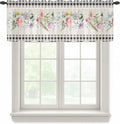 Blue Pink Floral Sheer Valance Curtains, Spring Summer Botanical Linen Black Plaid Light Filtering Kitchen Valances Rod Pocket Voile Curtain Window Treatment for Bedroom/Living Room/Basement 42Wx12L