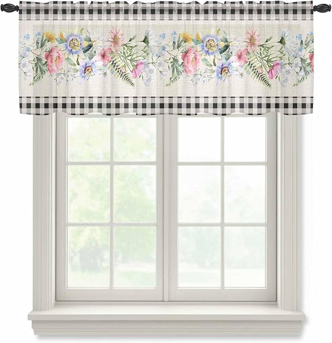 Blue Pink Floral Sheer Valance Curtains, Spring Summer Botanical Linen Black Plaid Light Filtering Kitchen Valances Rod Pocket Voile Curtain Window Treatment for Bedroom/Living Room/Basement 54Wx18L