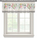 Blue Pink Floral Sheer Valance Curtains, Spring Summer Botanical Linen Black Plaid Light Filtering Kitchen Valances Rod Pocket Voile Curtain Window Treatment for Bedroom/Living Room/Basement 60Wx18L