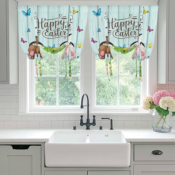 Tie Up Curtains,Happy Easter Bunny Butt Egg Floral Adjustable Rod Pocket Window Shade Curtain Drape Spring Plant on Aqua Wood Tie-Up Valance for Kitchen Bedroom Living Room Windows,52"x45"