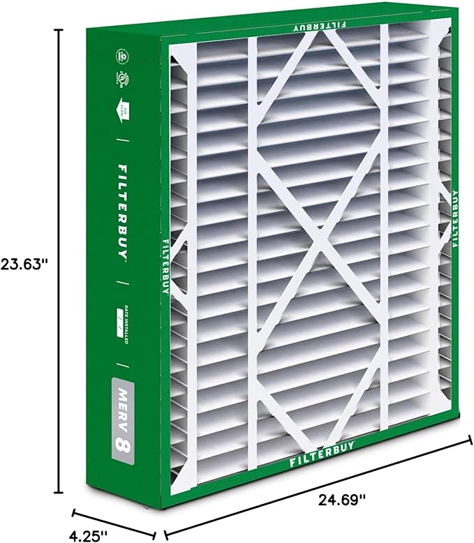 Filterbuy 24x25x5 Air Filter MERV 8 Essential Dust & Allergy Defense (2-Pack), Electrostatic Pleated HVAC AC Furnace Filters for Carrier FILXXCAR0024, Maytag & More (Actual Size: 23.63 x 24.69 x 4.25)