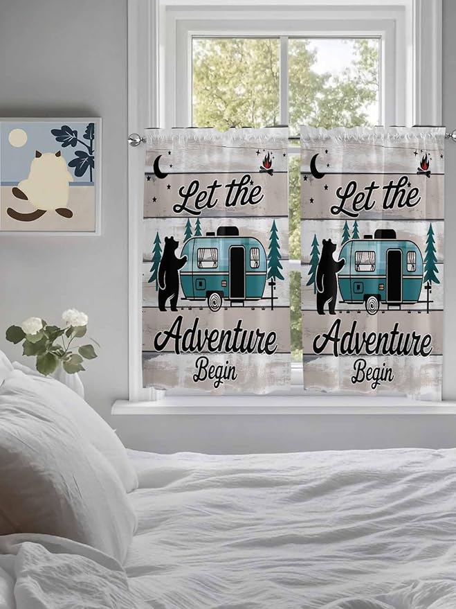 Farmhouse Bear Camper Van Tree Window Valance Curtains, Vintage Wood Grain Light Filtering Kitchen Valance with 3-inch Rod Pocket for Living Room Bathroom Bedroom,2 Panel,42x54In