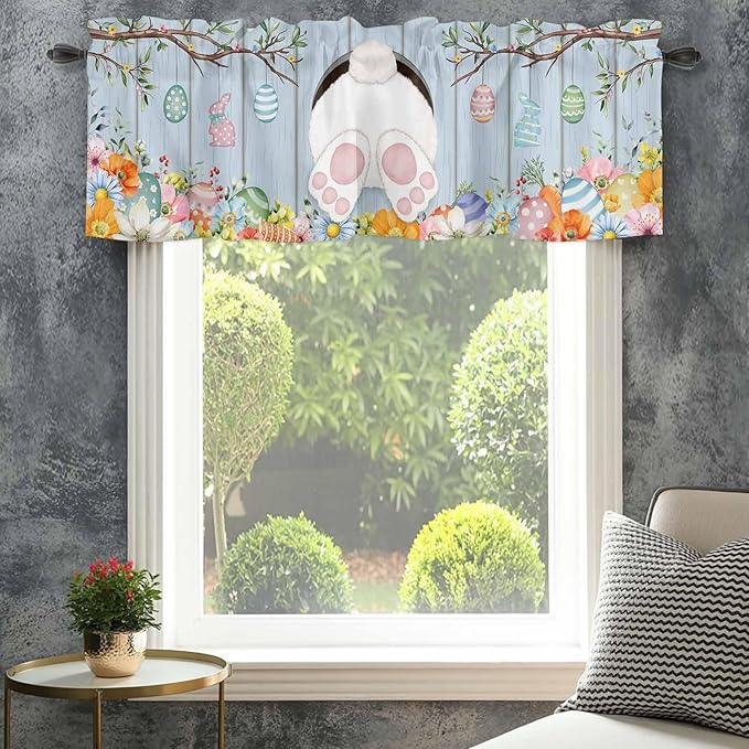 Easter Curtain Valances for Windows, Kitchen Valance Window Treatment, Spring Watercolor Bunny Eggs Flower Wood Grain Blue Light Filtering Block Curtains for Bathroom/Bedroom/Living Room 60'' x 18''