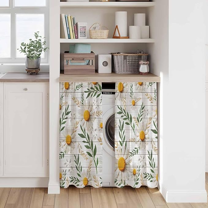Spring Daisy Tier Curtains, Farmhouse Country Flower Leaf Plant Wood Grain Light Filtering Kitchen Curtains, 2Pcs Rod Pocket Half Window Treatments Panels for Sink Cafe Cabinet Basement 27.5x45 Inches