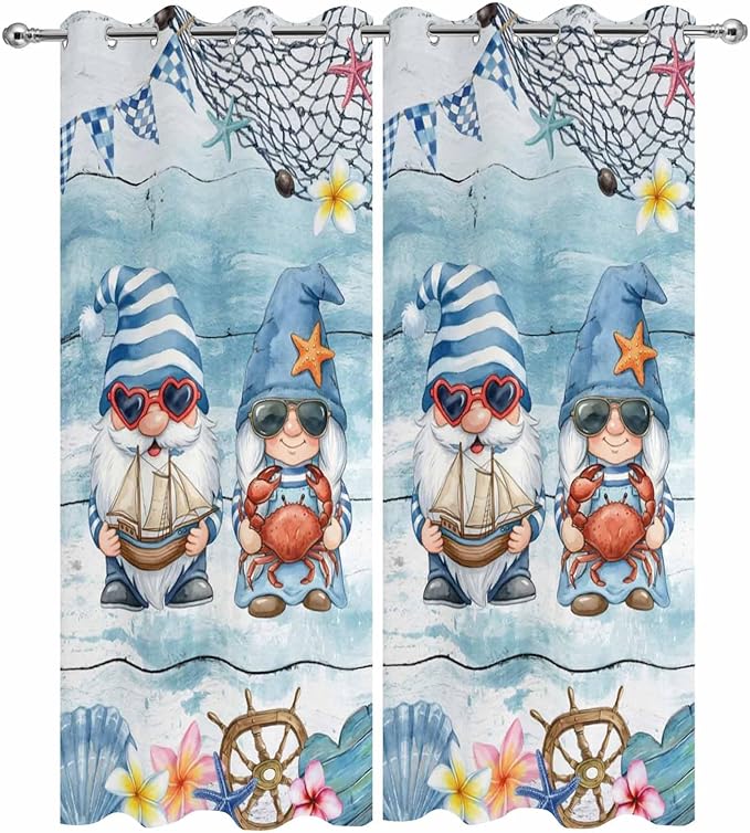 Ocean Gnome Outdoor Curtains for Patio Summer Marine Plumeria Shell Wood Blue Waterproof Outside Curtains with Grommet Top Weatherproof Curtain for Cabana Pergola Gazebo, 2 Pack, 54" W x 95" L