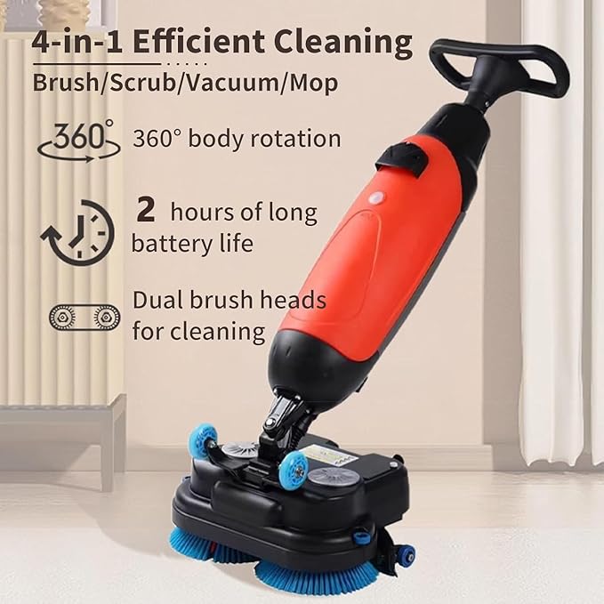 Rechargeable Floor Cleaner and Wet Dry Floor Machine, 17" Commercial Floor Scrubber, Dual-Brush Heads, Cordless Electric Floor Mop Cleaning Capacity 13000 Sqft/H, for Villa Hospital Office Red