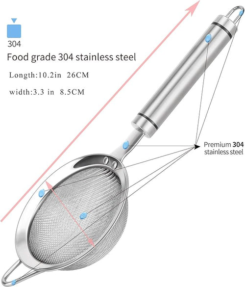 304 Stainless Steel Fine Mesh Strainers for Kitchen, Colander-Skimmer with Handle, Sieve Sifters for Food, Tea, Rice, Oil, Noodles, Fruits, Vegetable