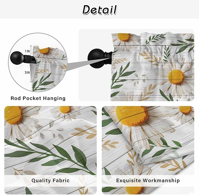 Spring Daisy Tier Curtains, Farmhouse Country Flower Leaf Plant Wood Grain Light Filtering Kitchen Curtains, 2Pcs Rod Pocket Half Window Treatments Panels for Sink Cafe Cabinet Camper 27.5x36 Inches