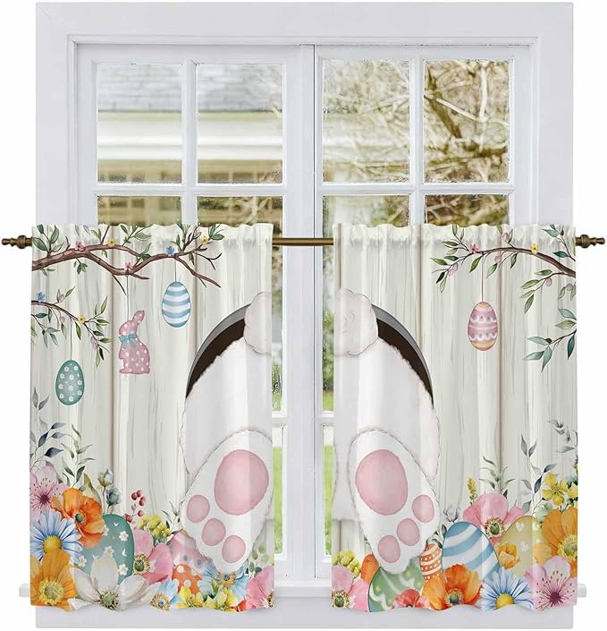 Easter Kitchen Curtains 54 Inch Long 2 Panel Set, Rod Pocket Window Curtains Panels, Spring Farmhouse Watercolor Bunny Eggs Wood Grain Light Filtering Privacy Draperies for Bedroom Laundry 42"W x 54"L