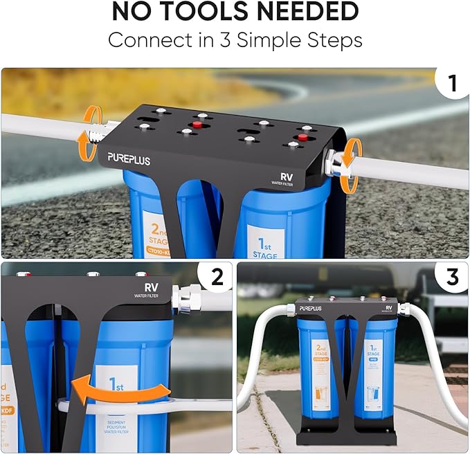 PUREPLUS RV Dual Stage Water Filter System, Includes Two Cartridges and Mounting Bracket, NSF/ANSI 42 Certified, Reduces Sediment, Heavy Metals, Chlorine and More, with Stainless Steel 3/4" Fittings