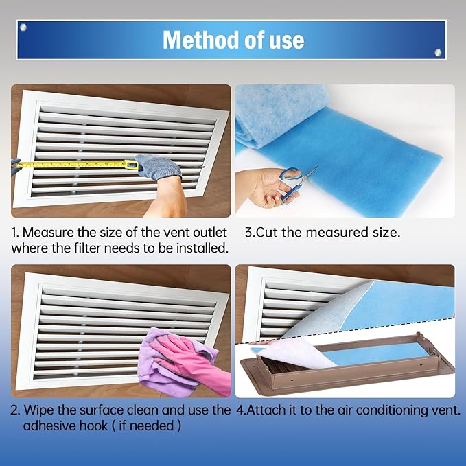 Air Vent Filter, 18"X120" Cut to Size MERV 8 Triple Air Filter Material, Blue & White Electrostatic Vent Filter Kit for Home Floor, Ceiling, Grilles, HVAC Vent, Compression Packing