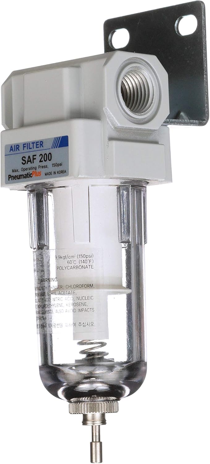 PneumaticPlus SAF200-N02B Miniature Compressed Air Particulate Filter 1/4" NPT - Poly Bowl, Manual Drain, Bracket