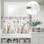 Kitchen Curtains Tiers and Valance Set of 3, Easter Light Filtering Window Curtain Set, Spring Flowers Wreath Rabbit Budding Florals Rod Pocket Curtain Drapes for Cafe, Living Room, 36 Inches Tiers