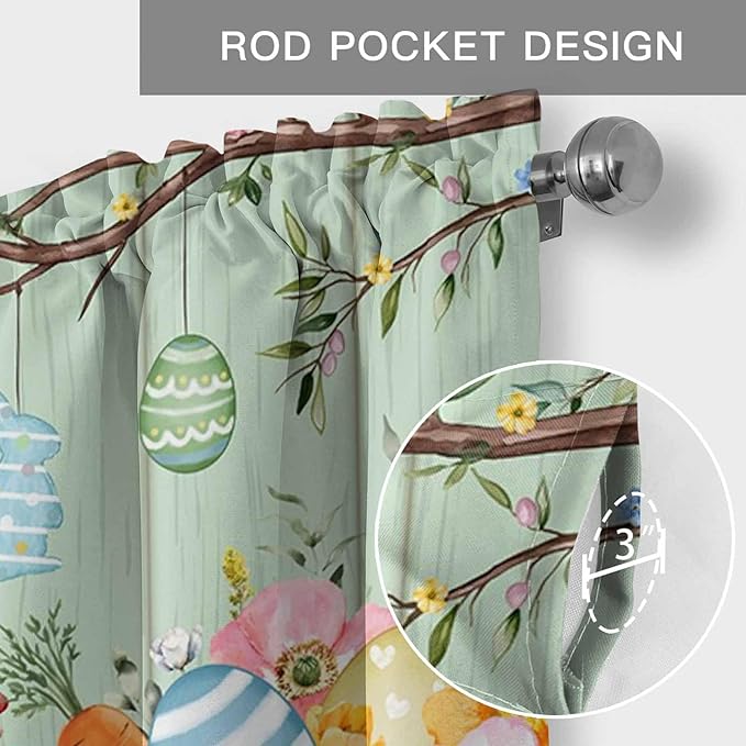Easter Curtain Valances for Windows, Kitchen Valance Window Treatment, Spring Watercolor Bunny Eggs Wooden Grain Green Light Filtering Block Curtains for Bathroom/Bedroom/Living Room 42'' x 18''
