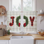 Christmas Wreaths Kitchen Curtains 54 Inch Long 2 Panel Set,Rod Pocket Window Curtains Panels,Winter Bow Plaid Farmhouse Wooden Grain Light Filtering Drapery Draperies for Bathroom Bedroom 52"W x 54"L
