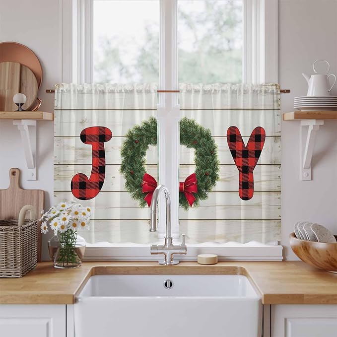 Christmas Wreaths Kitchen Curtains 45 Inch Long 2 Panel Set, Rod Pocket Window Treatment, Winter Bow Plaid Farmhouse Wooden Grain Light Filtering Panels Short Drapes for Bathroom Camper 42"W x 45"L
