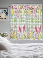 Happy Easter Bedroom Curtains 63 Inches length, Spring Bunny Eggs Flower Sage Green Plaid Window Treatment Curtain Drapes, Rod Pocket Curtain Panels for Living Room Kitchen, 42"x63", 2 Panels